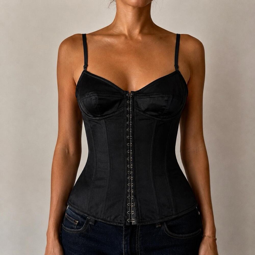 Vintage Y2K Express Black Silk Luxury 2000s Lace Up Corset Top Size 6 S/M